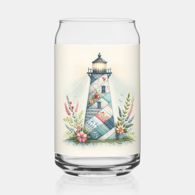 Patchwork Lighthouse Coastal Floral Scene Can Glass (Back)
