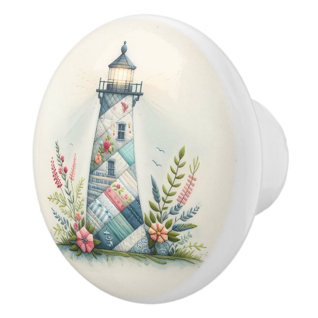 Patchwork Lighthouse Coastal Floral Scene Ceramic Knob (Right)