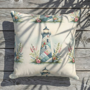 Patchwork Lighthouse Coastal Floral Scene Cushion