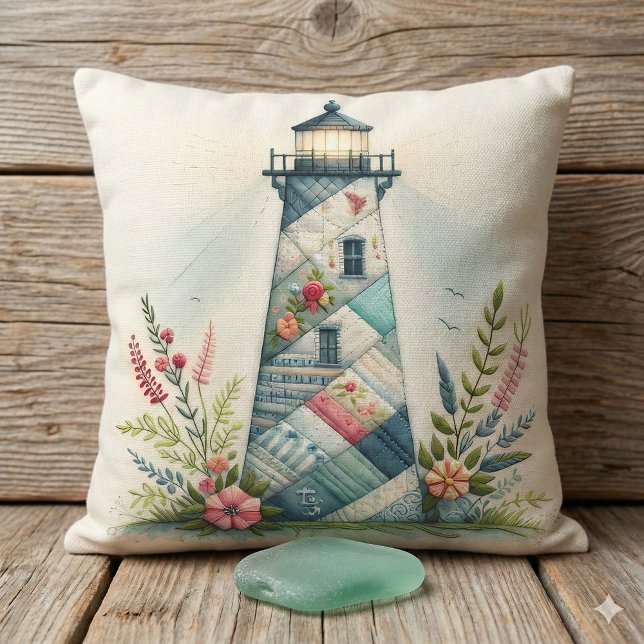 Patchwork Lighthouse Coastal Floral Scene Cushion (Patchwork Lighthouse Coastal Floral Scene Throw Pillow Mockup B1)