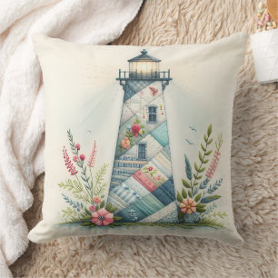 Patchwork Lighthouse Coastal Floral Scene Cushion