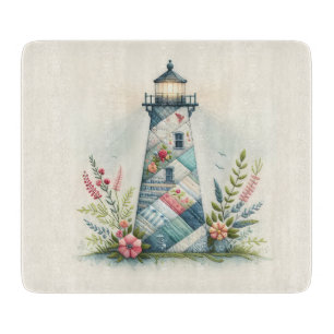 Patchwork Lighthouse Coastal Floral Scene Cutting Board