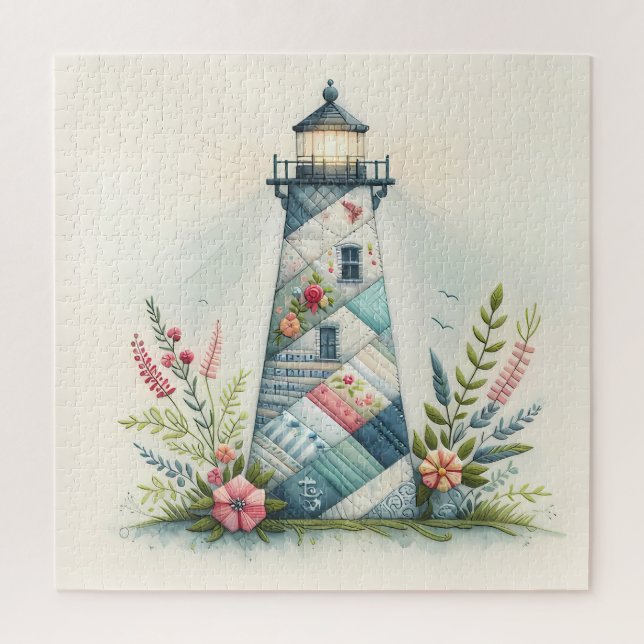 Patchwork Lighthouse Coastal Floral Scene Jigsaw Puzzle (Vertical)