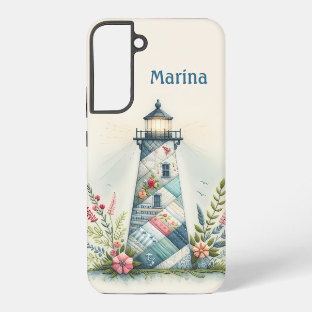 Patchwork Lighthouse Coastal Floral Scene Samsung Galaxy S22+ Case (Back)
