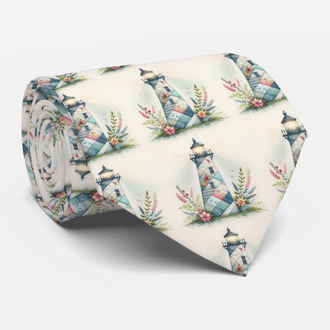 Patchwork Lighthouse Coastal Floral Scene Tie (Rolled)