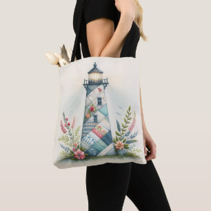 Patchwork Lighthouse Coastal Floral Scene Tote Bag