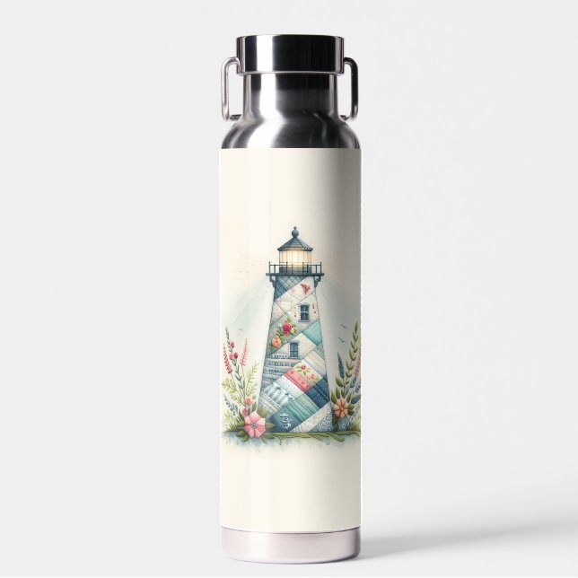 Patchwork Lighthouse Coastal Floral Scene Water Bottle (Front)