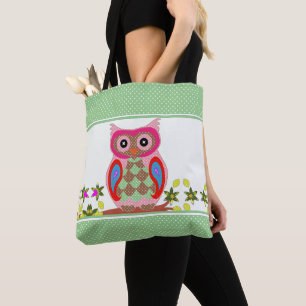 Patchwork Look Owl Polka Dot Tote Bag