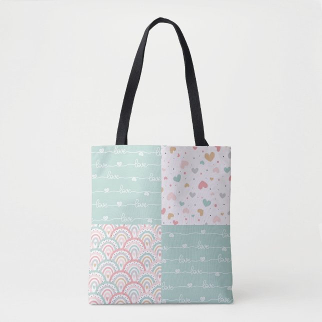 Patchwork Love Rainbow Pastel Hearts Tote Bag (Front)