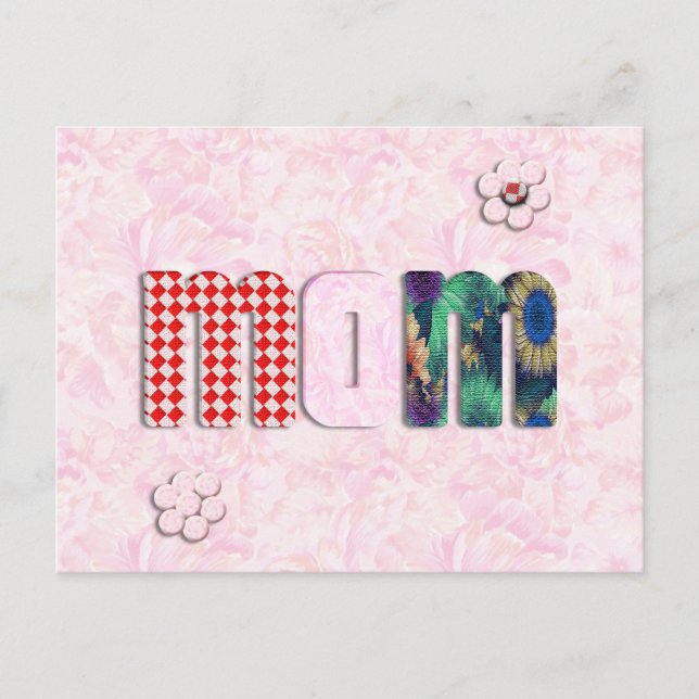 Patchwork "MOM" with Pink Roses Background Postcard (Front)