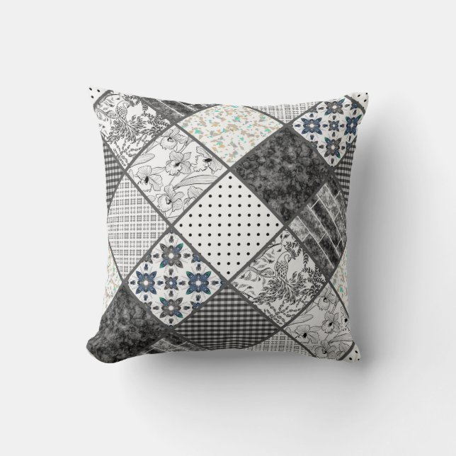 Patchwork monochrom black grey white patchwork qui cushion (Front)