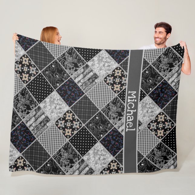 Patchwork monochrom black grey white patchwork qui fleece blanket (In Situ)