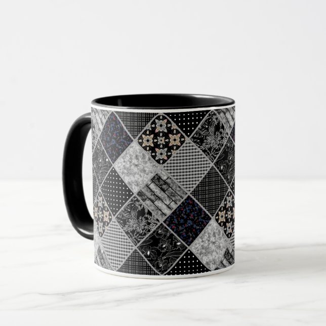 Patchwork monochrom black grey white patchwork qui mug (Front Left)