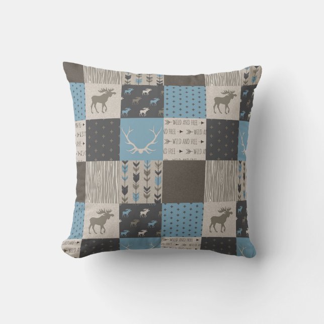 Patchwork Moose Woodland Pillow - Blue/Tan/Brown (Front)