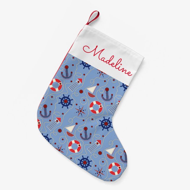 Patchwork Nautical Design | Add Your Name Small Christmas Stocking (Front (Hanging))