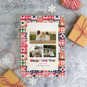 Patchwork New Year Multicolored Three Photo Holiday Card