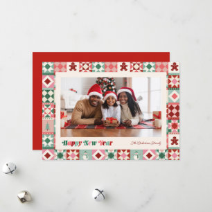Patchwork New Year Pink Red Green Photo  Holiday Card