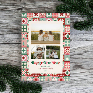 Patchwork New Year Pink Red Green Three Photo Holiday Card
