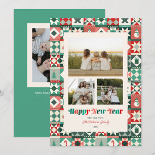Patchwork New Year Red and Green Three Photo Holiday Card