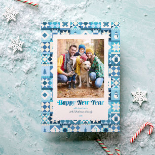 Patchwork New Year Shades of Blue Photo Holiday Card