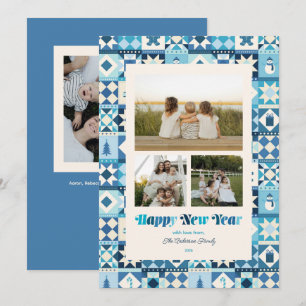 Patchwork New Year Shades of Blue Three Photo Holiday Card