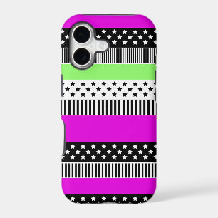Patchwork of black and white and neon stripes