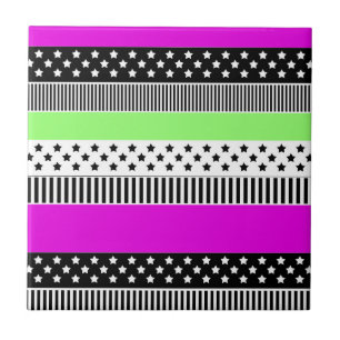 Patchwork of black and white and neon stripes ceramic tile