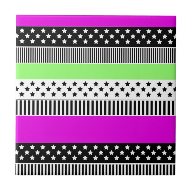 Patchwork of black and white and neon stripes  ceramic tile (Front)