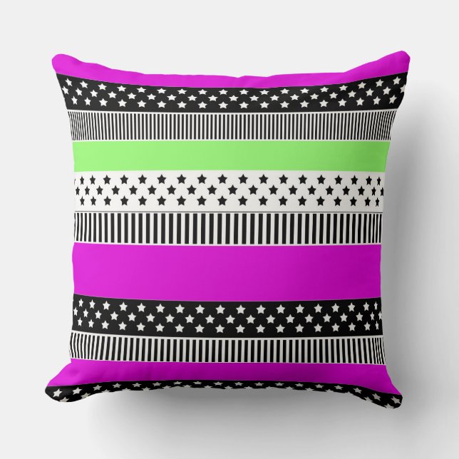 Patchwork of black and white and neon stripes  cushion (Front)