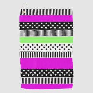 Patchwork of black and white and neon stripes  golf towel