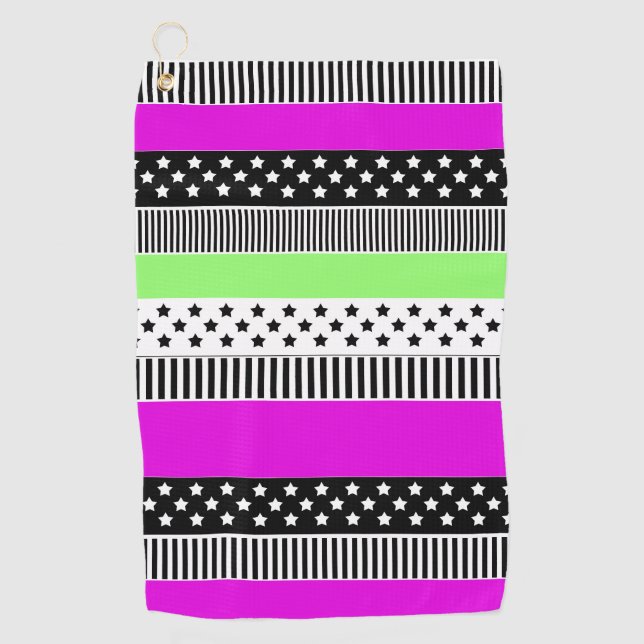 Patchwork of black and white and neon stripes  golf towel (Front)