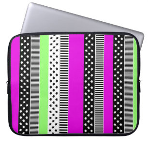 Patchwork of black and white and neon stripes laptop sleeve
