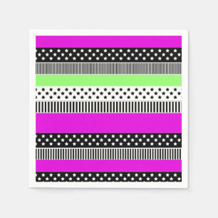 Patchwork of black and white and neon stripes napkin