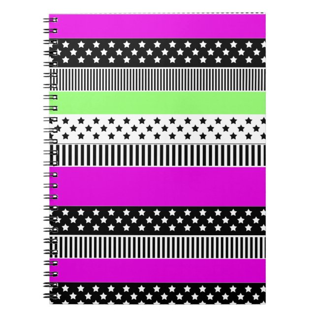 Patchwork of black and white and neon stripes  notebook (Front)
