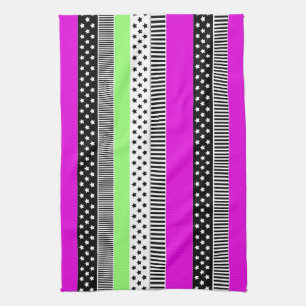 Patchwork of black and white and neon stripes tea towel