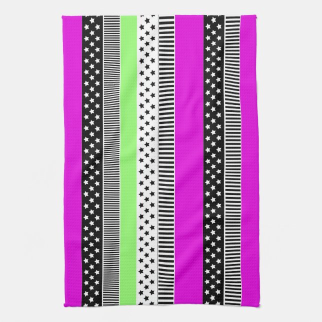 Patchwork of black and white and neon stripes  tea towel (Vertical)