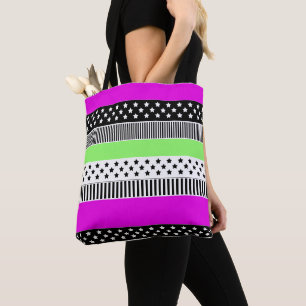 Patchwork of black and white and neon stripes tote bag