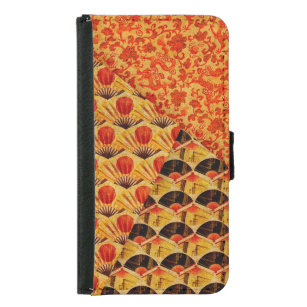 Patchwork of Japanese Fans and Dragons Patterns Samsung Galaxy S5 Wallet Case