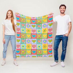 Patchwork of Love Blossom and Hearts Fleece Blanket