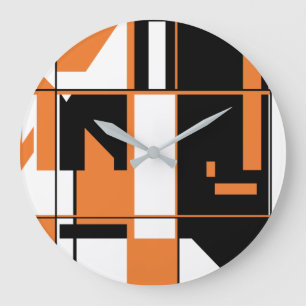 Patchwork Orange Black White Geometric Abstract Large Clock