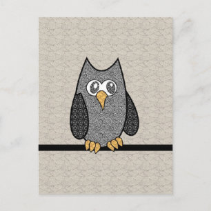 Patchwork Owl, Black and White with Tan Background Postcard
