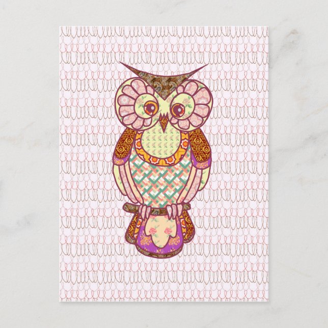 Patchwork owl hearts postcard (Front)