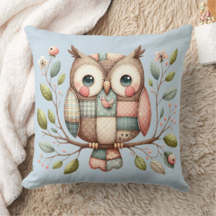 Patchwork Owl in Whimsical Woodland Cushion