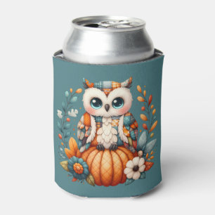 Patchwork Owl on Pumpkin — Cottagecore Fall Can Cooler