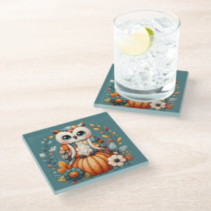 Patchwork Owl on Pumpkin — Cottagecore Fall Glass Coaster