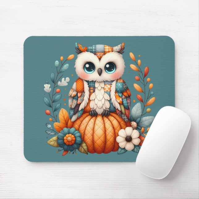 Patchwork Owl on Pumpkin — Cottagecore Fall Mouse Pad (With Mouse)