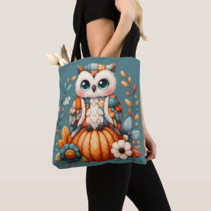 Patchwork Owl on Pumpkin — Cottagecore Fall Tote Bag