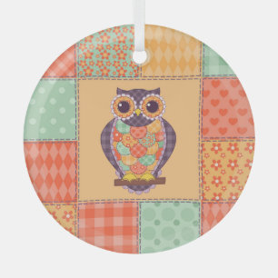 Patchwork Owl Vintage Seamless Pattern Glass Tree Decoration