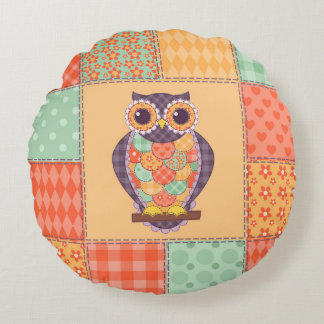 Patchwork Owl Vintage Seamless Pattern Round Cushion