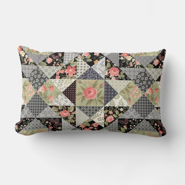 Patchwork Pattern Butterflies Flowers Foliage Rose Lumbar Cushion (Front)